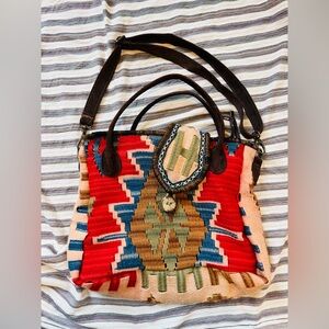 Handcrafted Southwestern Woven Tote in Red, Blue & Brown with Leather Straps